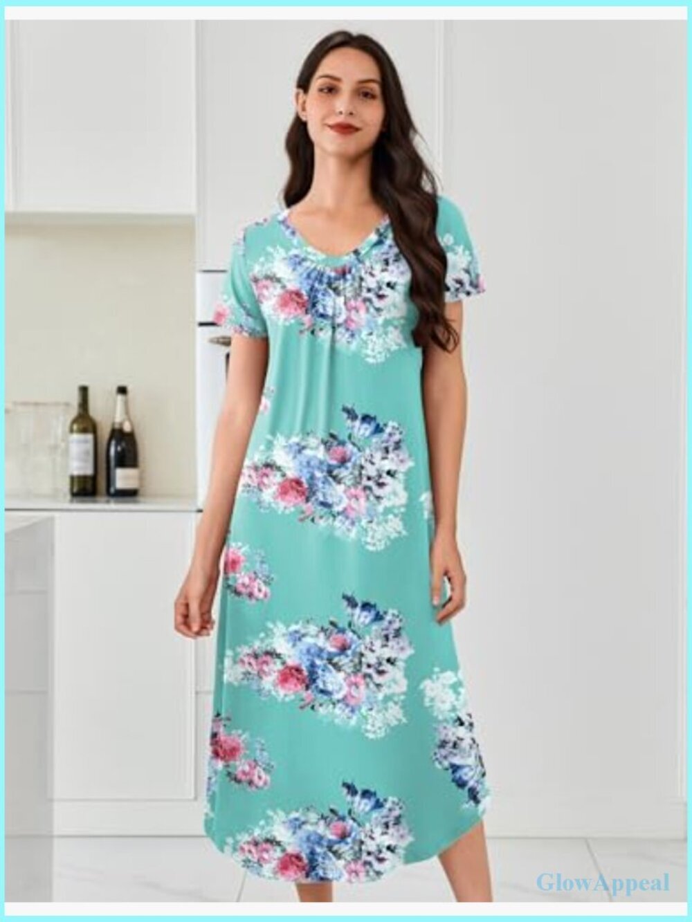 Plus Size Long Nightgown 3 Pack Short Sleeve V Neck Mid-Calf House Dress - Picture 3 of 7